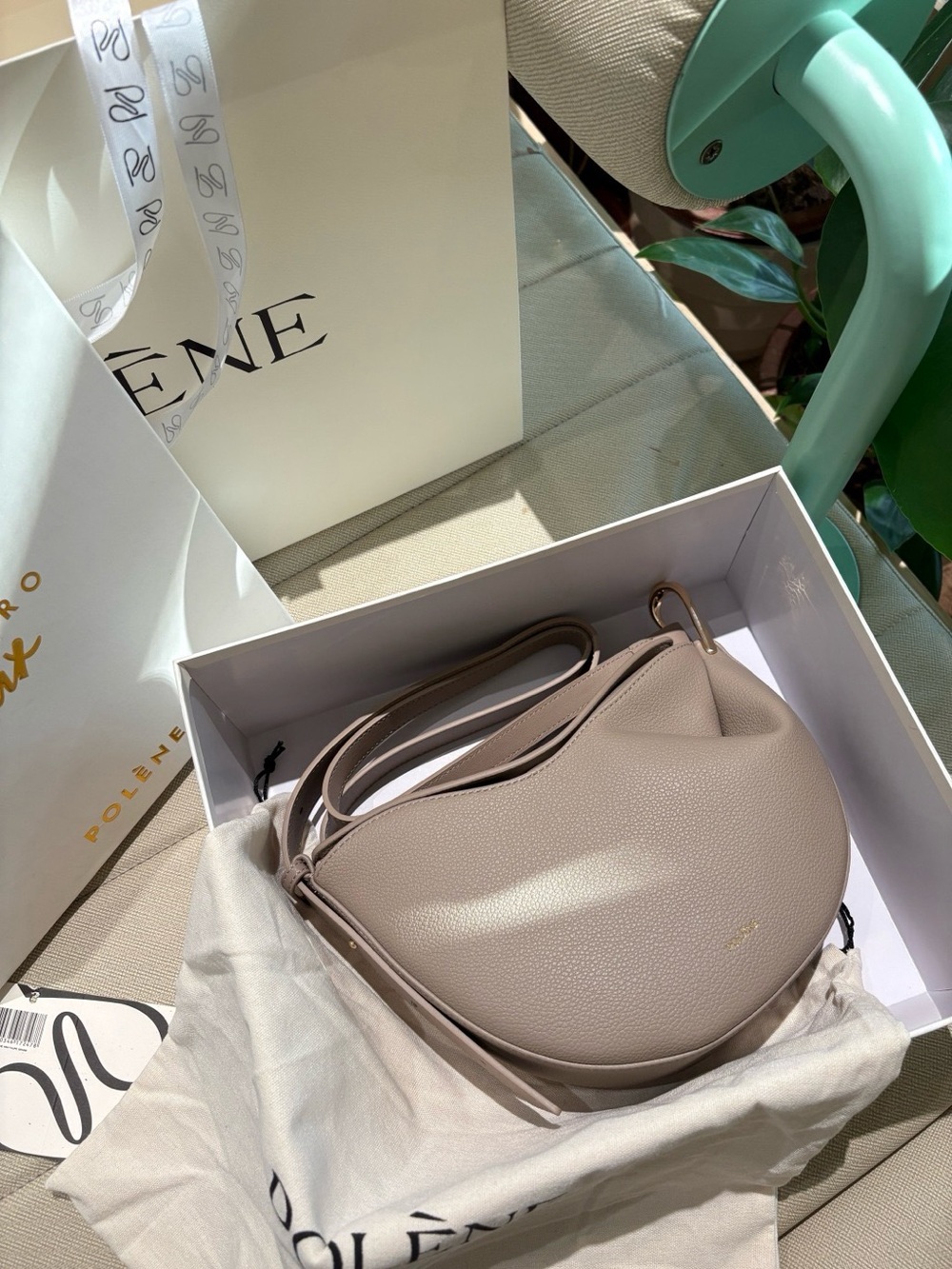 Polène Taupe Pebbled Leather Shoulder Bag